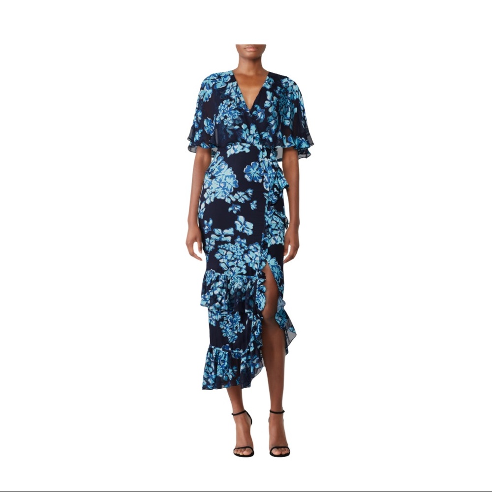 Saloni Blue Rose Ruffle Silk Midi Dress 6 - Picture 6 of 6